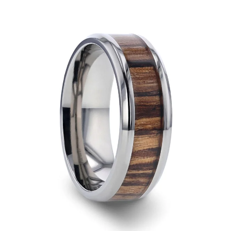 gold rings for women-ZINGANA | Silver Titanium Ring, Zebra Wood Inlay, Beveled