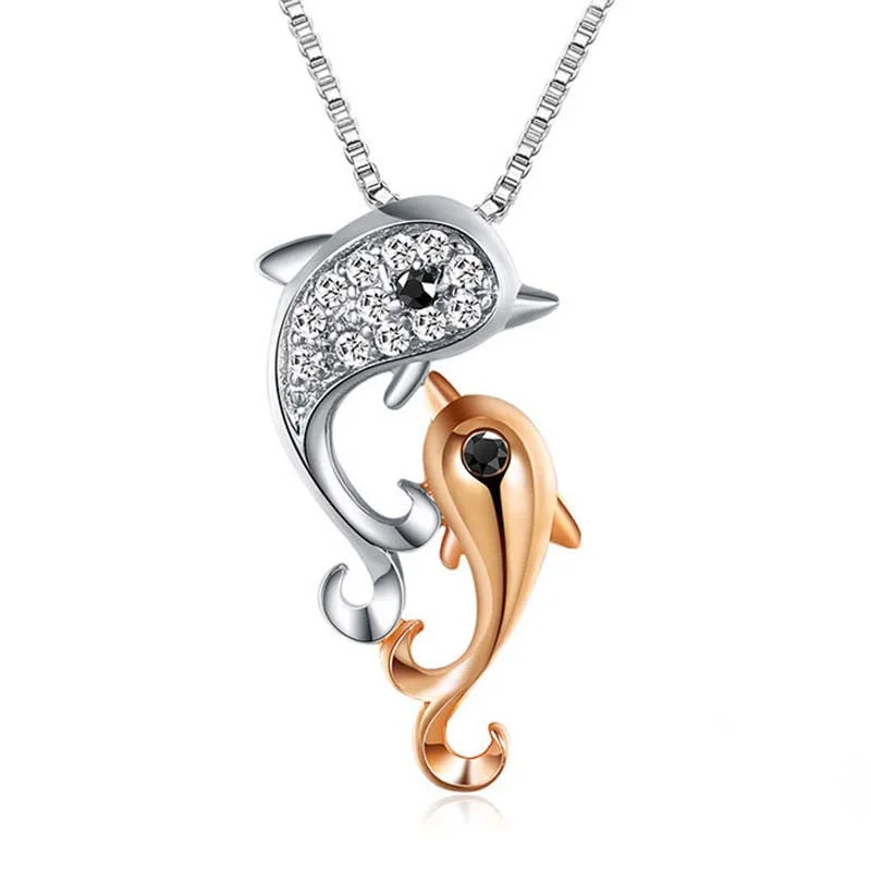 textured necklaces for women-Intricate White Gold Inlay Rhinestone Double Dolphin Necklace