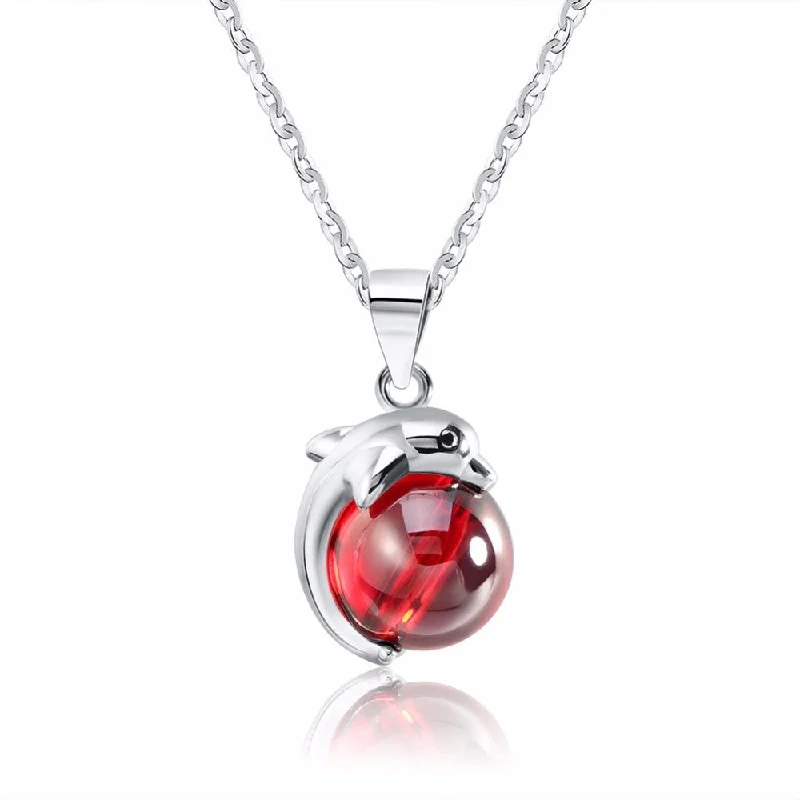 fine jewelry necklaces for women-925 Sterling Silver Plated Red Agate Dolphin Pendant Necklace