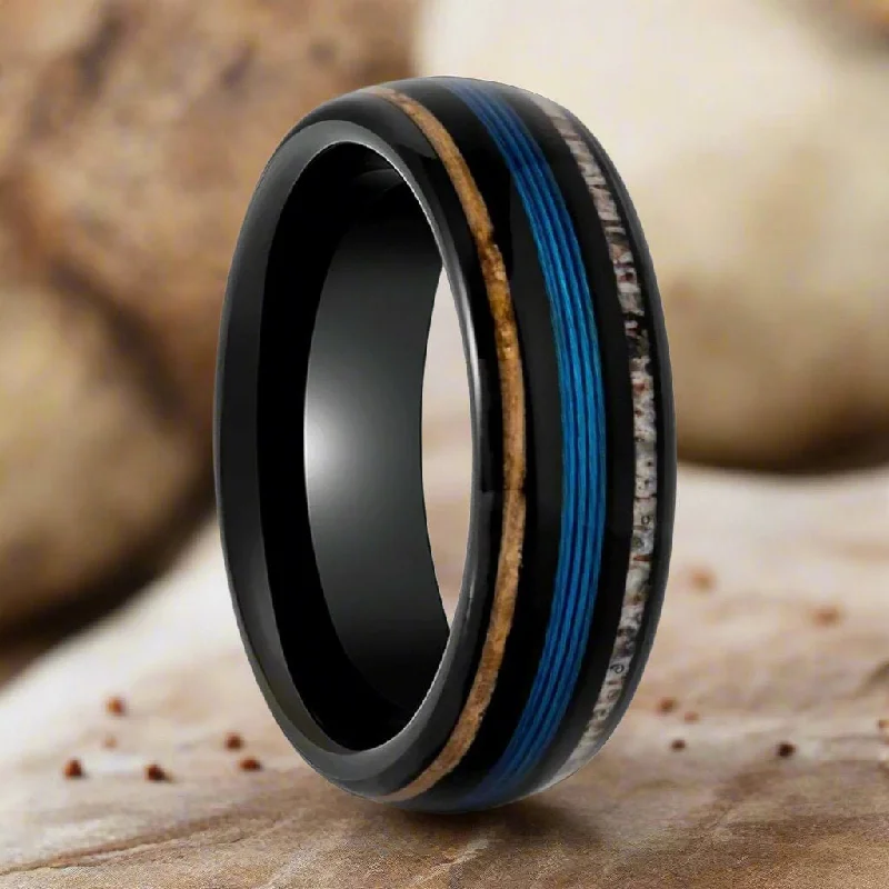 simple gold rings for women-BLUEBARK | Black Tungsten Ring, Koawood, Blue Wire & Deer Antler Inlay, Domed