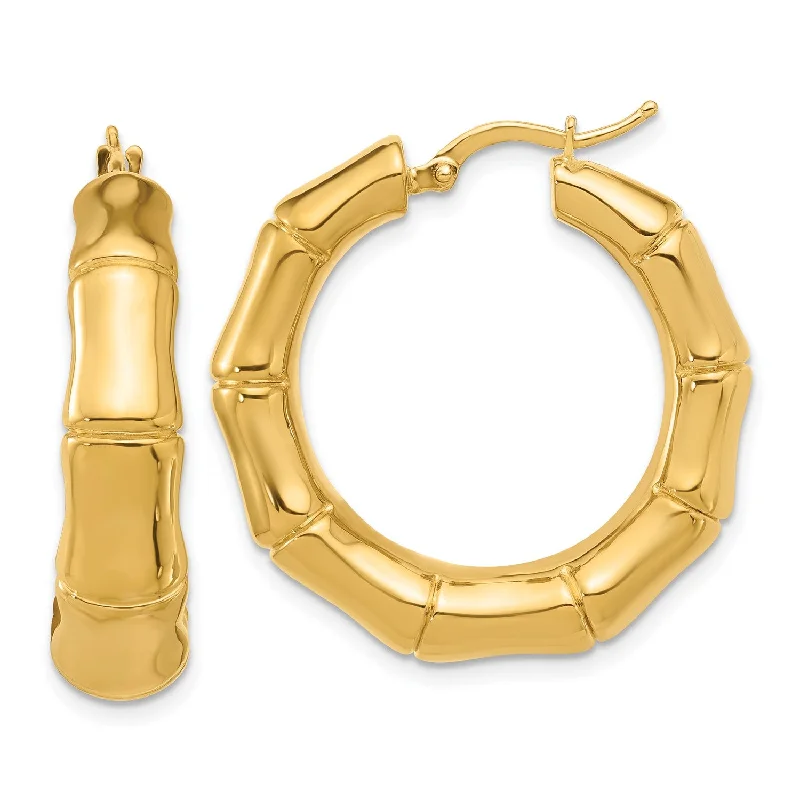 contemporary earrings for women-14K Yellow Gold Graduated Bamboo Round Hoop Earrings, 30mm