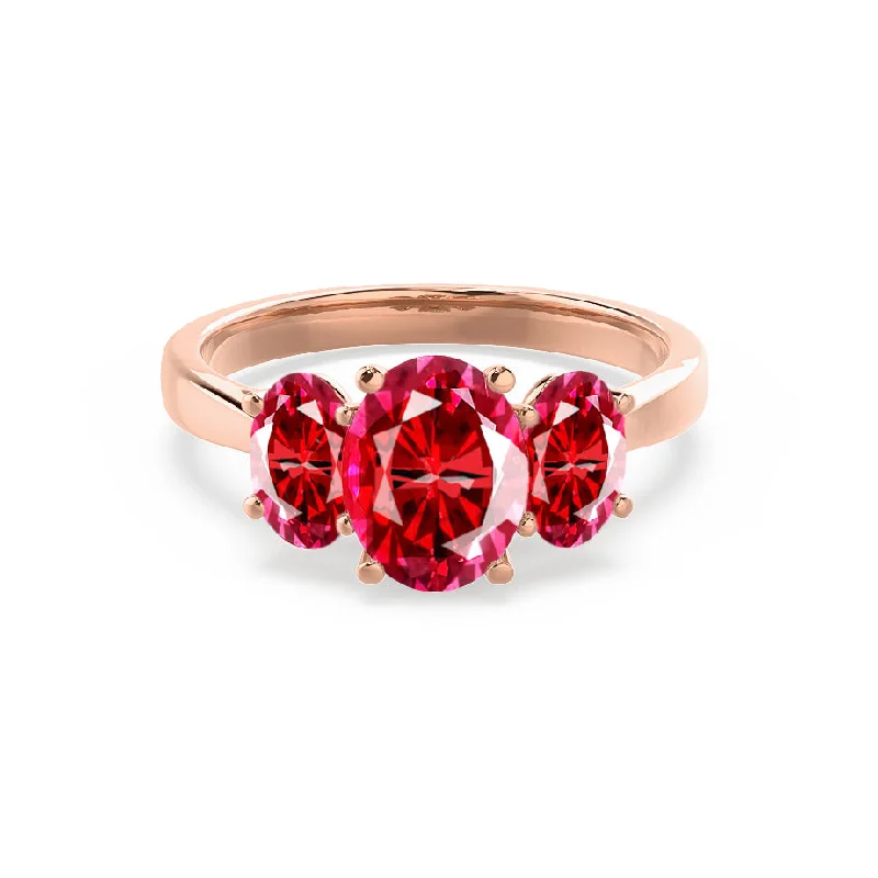 luxurious engagement rings-EVERDEEN - Chatham® Oval Ruby 18k Rose Gold Trilogy Ring