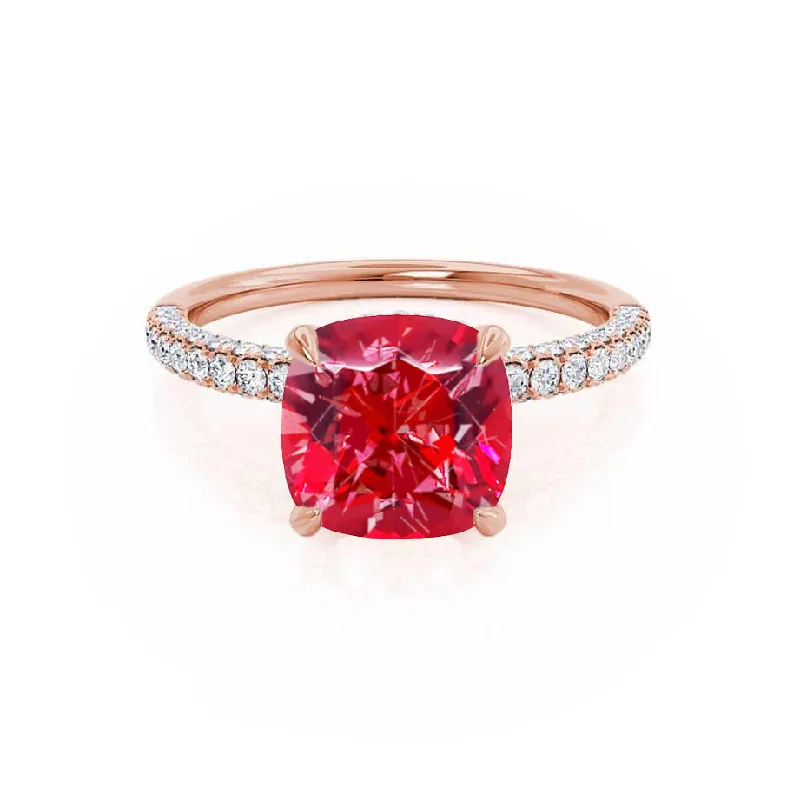 oval engagement rings-COCO - Chatham® Cushion Ruby & Diamond 18k Rose Gold Hidden Halo Triple Pavé Shoulder Set