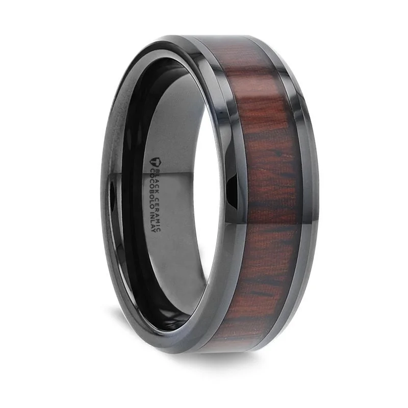 silver rings for women-KAI | Black Ceramic Ring, Cocobolo Wood Inlay, Beveled