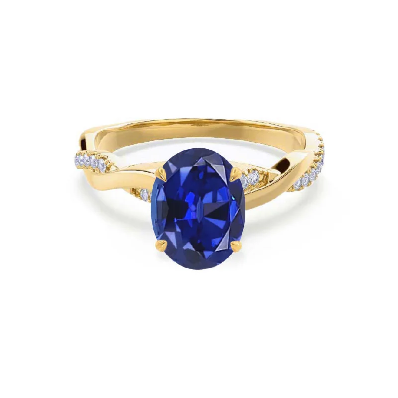 three-stone diamond engagement rings-EDEN - Chatham® Oval Blue Sapphire & Diamond 18k Yellow Gold Vine Solitaire Ring