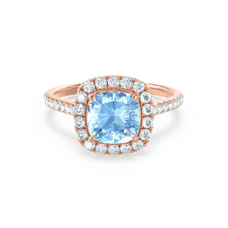 engagement rings with gemstones-VIOLETTE - Chatham® Cushion Aqua Spinel & Diamond 18k Rose Gold Petite Halo Ring