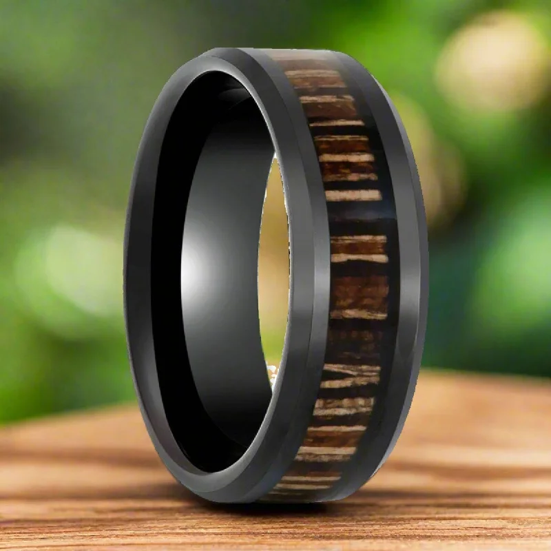 cubic zirconia wedding rings-MESA | Black Tungsten Ring, Brazilian Tigerwood Inlay, Beveled