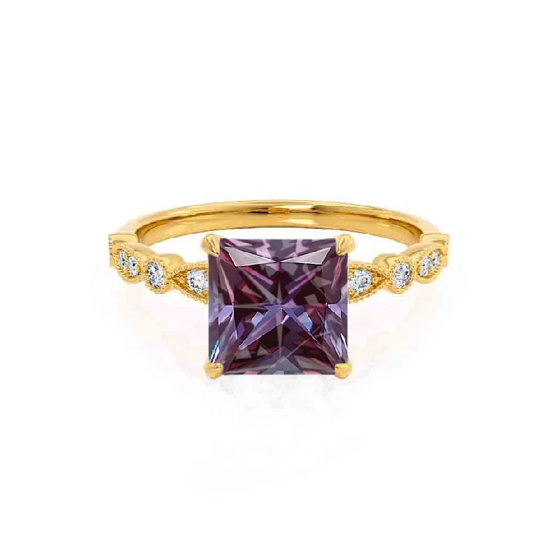 diamond solitaire engagement rings-HOPE - Chatham® Princess Alexandrite & Diamond 18k Yellow Gold Vintage Shoulder Set