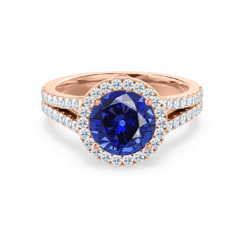 round sapphire engagement rings-AMELIA - Chatham® Lab Grown Blue Sapphire & Diamond 18k Rose Gold Halo Ring