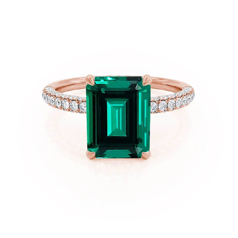 three-stone diamond engagement rings-COCO - Chatham® Emerald & Diamond 18k Rose Gold Petite Hidden Halo Triple Pavé Ring