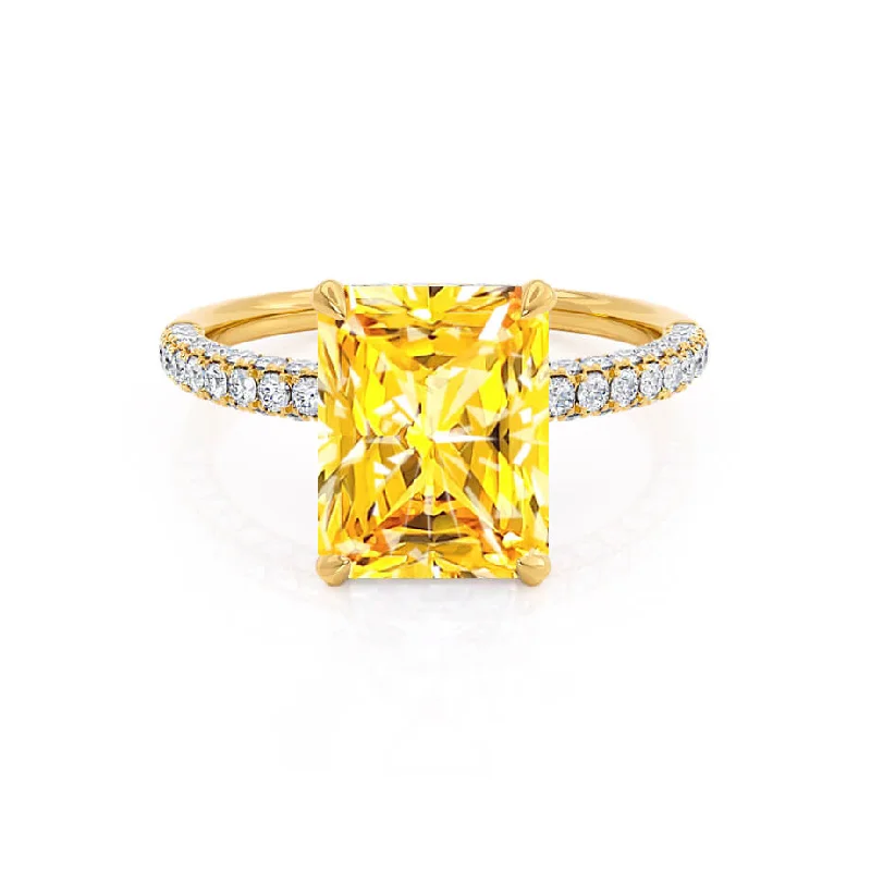 antique diamond engagement rings-COCO - Chatham® Radiant Yellow Sapphire & Diamond 18k Yellow Gold Petite Hidden Halo Triple Pavé Shoulder Set Ring