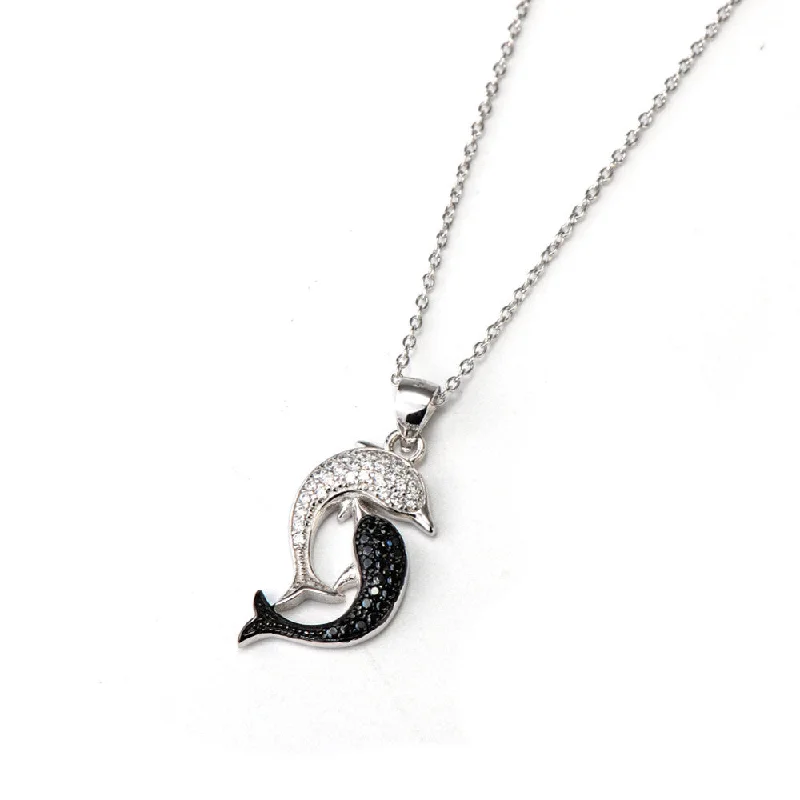 engraved gold necklaces for women-925 Sterling Silver White Black Cubic Zirconia Dolphin Necklace