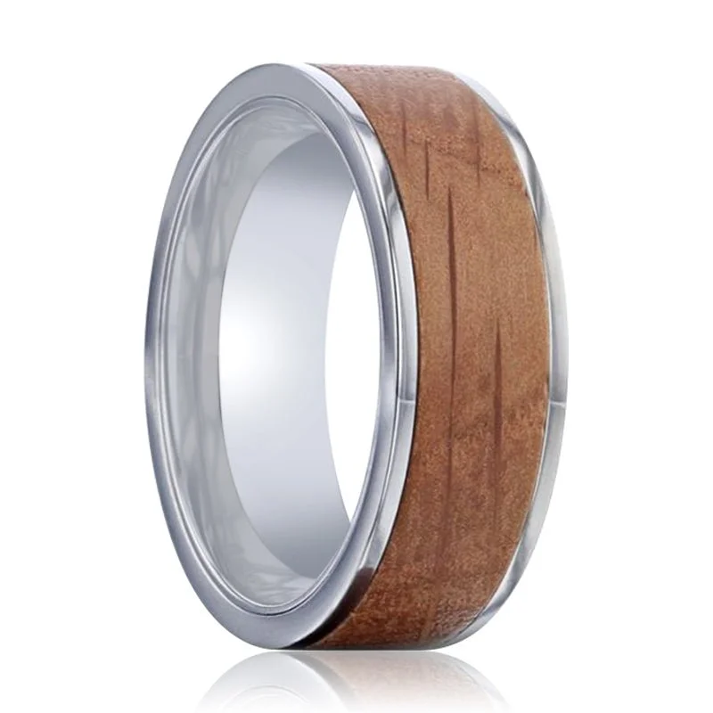 promise ring sets for women-STILL | Silver Titanium Ring, Whiskey Barrel Wood Inlay, Flat