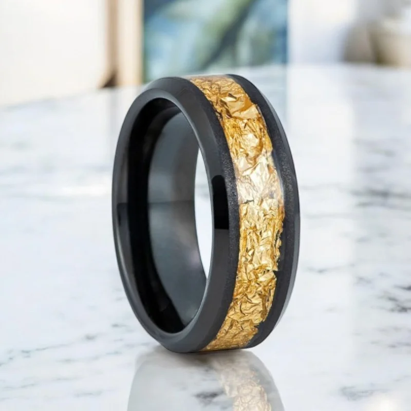 birthstone rings for women-ZORYN | Black Tungsten Ring, Gold Foil Inlay, Beveled, 8mm