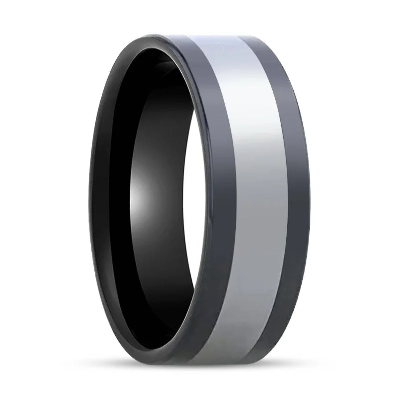 birthstone rings for wedding-HUSKEY | Black Ceramic, Tungsten Inlay, High Polished, Flat